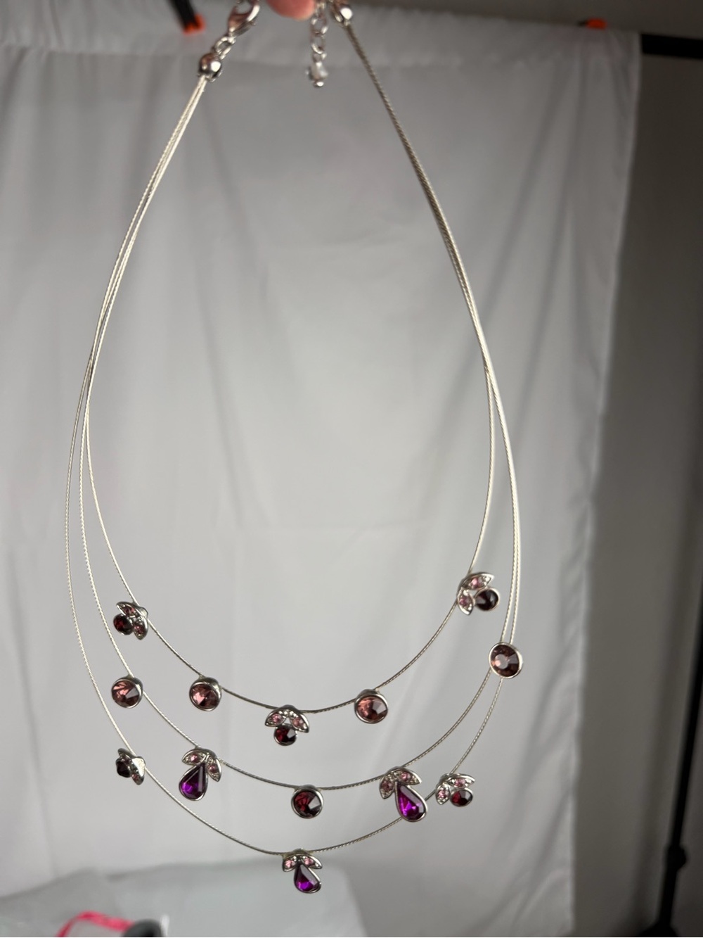 Silver Multi-Strand Necklace with Purple Crystal Drops